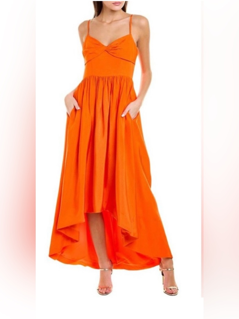 ML Monique Lhwiller Bright Orange High-Low Spaghetti Strap Dress